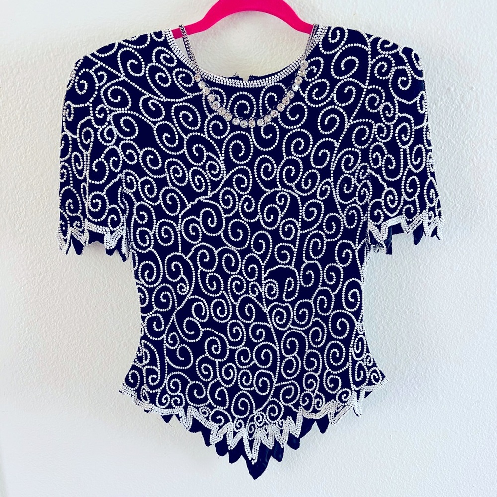 VINTAGE SILK & Pearl Beaded Top Shirt Black White